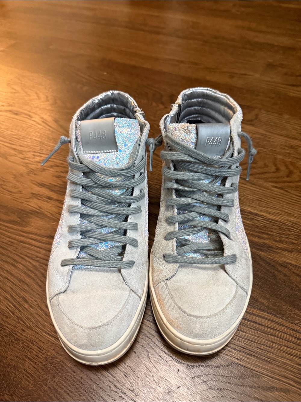 P448 Women's Light Gray High-Top Sneakers with Iridescent Glitter